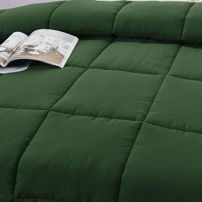 HIG 3pc Prewashed Green Queen Size Comforter Duvet Insert - All Season Quilted Down Alternative Comforter with Corner Tabs - Box Stitched - 250GSM Fiberfill Farmhouse Style Bedding(Salomon)