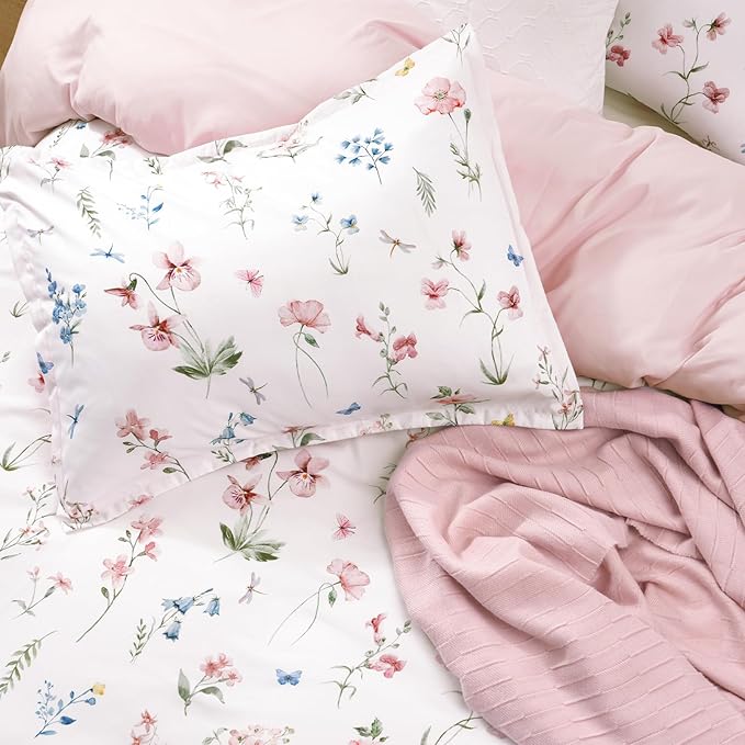 PHF Ultra Soft Floral Duvet Cover King Size, Printed Garden Bedding Set 3 Pieces, Comfy Durable Farmhouse Duvet Cover Set with 2 Pillow Shams, Zipper Closure and 8 Ties, 104"x90", White & Pink