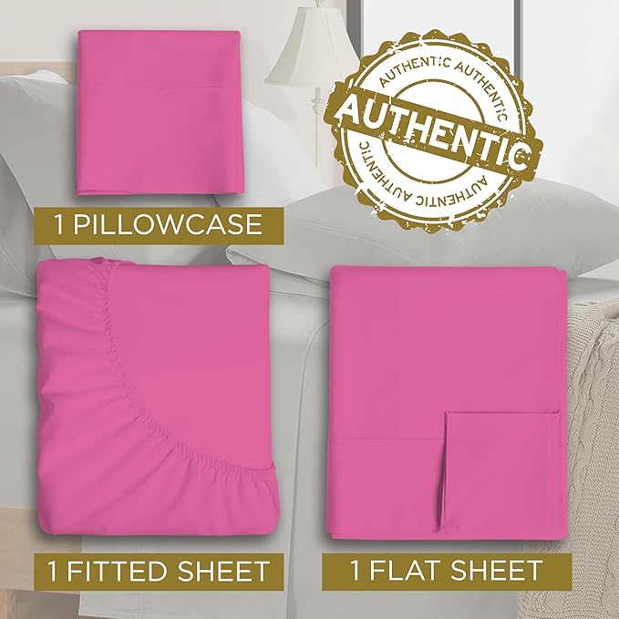 Twin XL 100% Microfiber Double Brushed Sheet Set - Extra-Soft & Wrinkle-Free - 15" Deep Pockets, 39" x 80" - Ideal for Dorms, Hospitals & Split King Beds - 3 PC Set (Twin XL, Hot Pink)