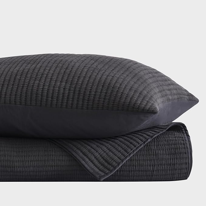 EVERGRACEHOME Cotton Coverlet Set Full Queen Size 3 Pieces, Lightweight Soft Ribbed Matelassé Bedspread Quilt Set, Cozy Oversized Quilted Bedding Set with 2 Pillow Shams for All Seasons, Washed Black