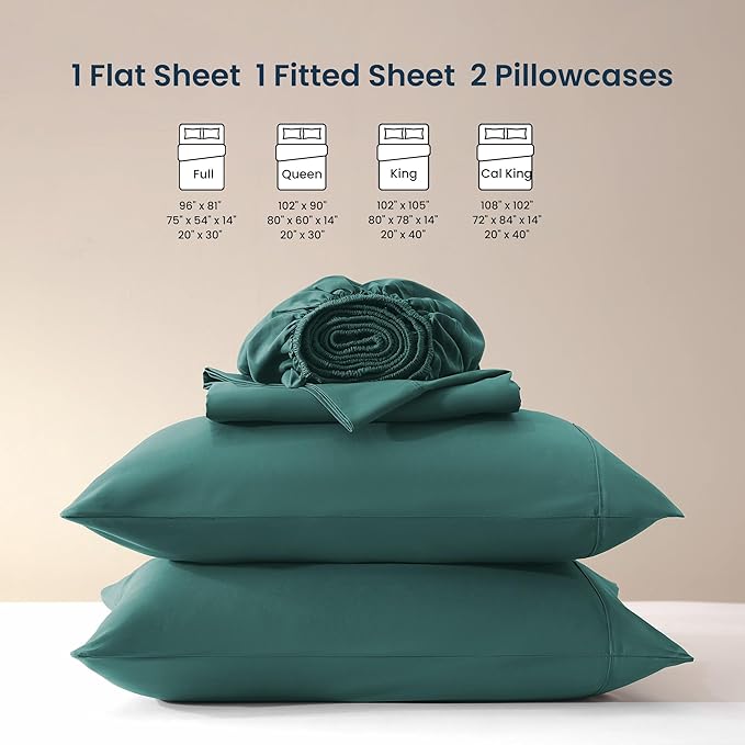SLEEP ZONE Nanotex Super Soft Cooling King Bed Sheets Set 4 Piece - Easy Care Fitted Flat Sheet & Pillowcase Sets - Wrinkle Free, Fade Resistant, Deep Pocket 16" (Teal, King)
