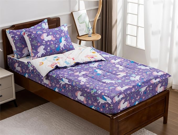 Meeting Story 3pcs Kids Comforter Sets Zipper Bedding Set for Girls,Full Kid Bedding Set Rainbow Comforter Unicorn Bedding for Kid,All in one Zipper Bedding(Purple,Full)