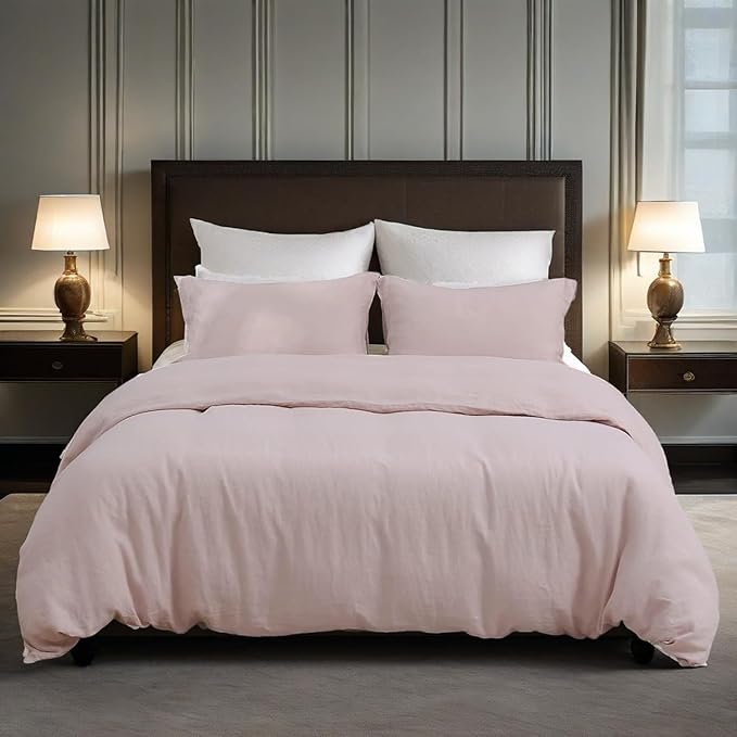 Simple&Opulence 100% Linen Duvet Cover Set, 3 PCS Natural French Flax Blush Pink Duvet Cover Full Size, Breathable Soft Comfy Linen Bedding Comforter Cover with 2 Pillowcases(Blush Pink, 78"x86")
