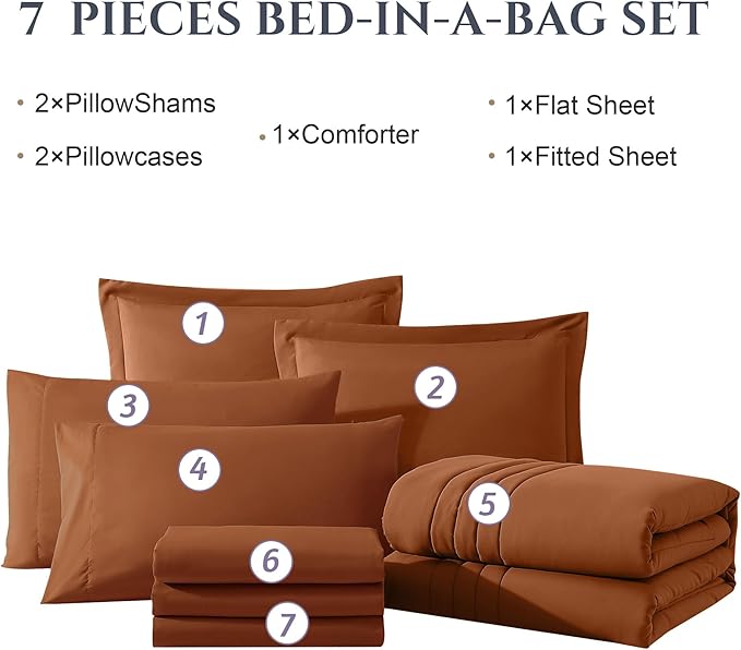 Monbix California King Size Comforter Set - 7 Pieces Bed in a Bag, Burnt Orange Bedding Sets with Comforter, All Seasons Comforter Bed Set with Sheets, Pillowcases & Shams