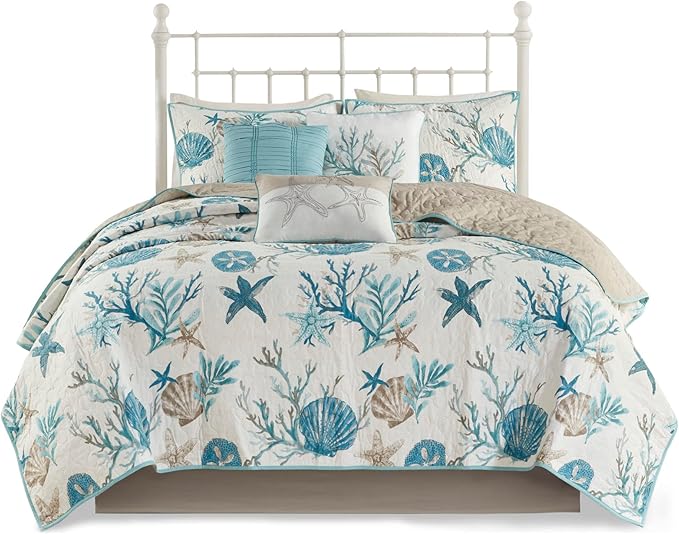 Madison Park Quilt Set Cottage Coastal Design, Starfish Print - All Season, Coverlet Bedspread Lightweight Bedding Layer, Shams, Toss Pillows, King/Cal King(104"x94"), Pebble Beach Aqua 6 Piece
