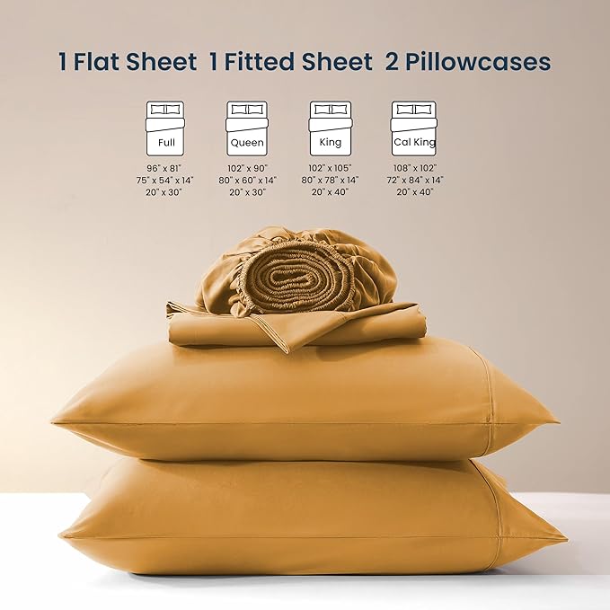 SLEEP ZONE Nanotex Super Soft Cooling King Bed Sheets Set 4 Piece - Easy Care Fitted Flat Sheet & Pillowcase Sets - Wrinkle Free, Fade Resistant, Deep Pocket 16" (Dull Yellow, King)