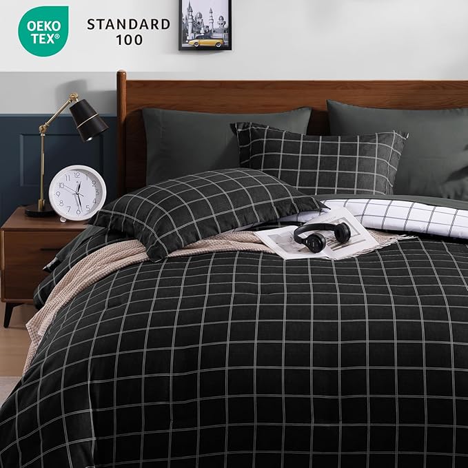 Plaid Queen Comforter Set Black, Reversible Checkered Bedding Set 7 Pieces for Boys Girls Teen, Lightweight Bed in a Bag for Dorm with Sheets, Pillowcases & Shams