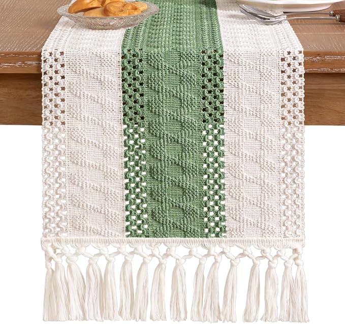 Socomi Boho Table Runner Easter Spring Farmhouse Rustic Dining Kitchen Decor Small Macrame Woven Cotton Linen Coffee Table Runner for Dresser Scarf Home Decor 12x60 inch Sage Green Ivory