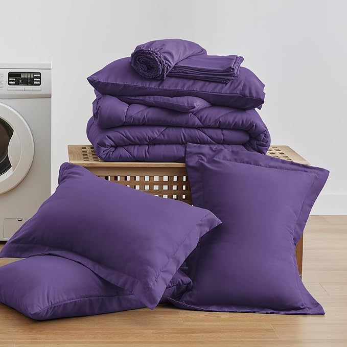 Love's cabin California King Comforter Set Purple, 7 Pieces California King Bed in a Bag, All Season Bedding Sets with 1 Comforter, 1 Flat Sheet, 1 Fitted Sheet, 2 Pillowcase and 2 Pillow Sham