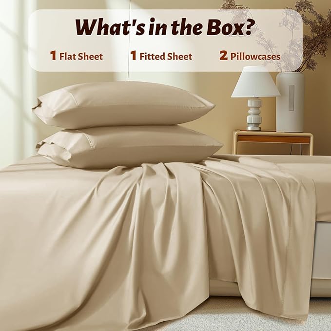Shilucheng 100% Egyptian Cotton Sheets Set - 1000 Thread Count,Luxury Cotton Bed Sheets,Breathable & Cooling Bedding and Pillow Cases, 16 Inch Deep Pocket - 4 Piece (Beige, Full)