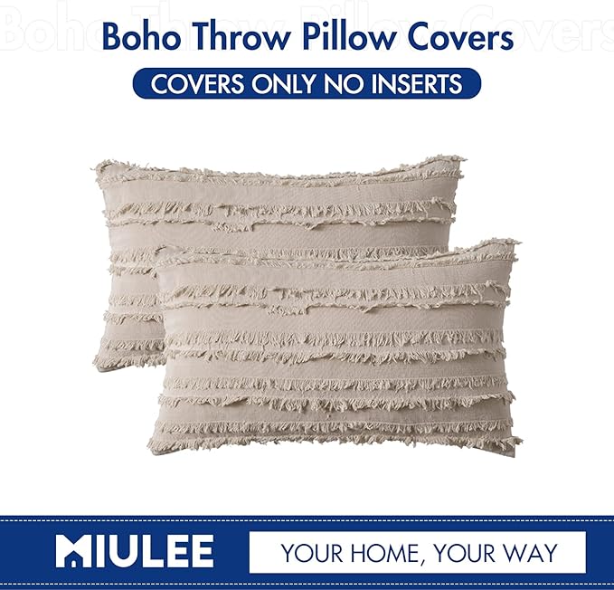 MIULEE Set of 2 Decorative Boho Throw Pillow Covers Spring Linen Striped Jacquard Pattern Cushion Covers for Sofa Couch Living Room Bedroom 12x20 Inch Beige