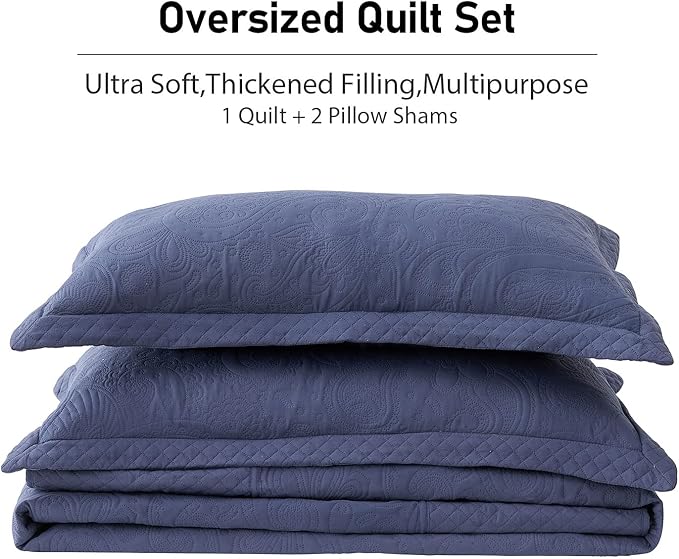 Qucover Oversized King Bedspreads, 3 Piece Soft Microfiber Lightweight Oversized King Quilt 128x120, Elegant Paisley Ultrasonic California King Bedspread Bedding Coverlets, Navy Blue