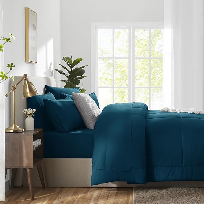 CozyLux Queen Size Comforter Sets Lyons Blue, 7 Pieces Bed in a Bag, Blue Comforter Queen Size, All Season Bedding Sets with Stitch Quilted Comforter, Flat Sheet, Fitted Sheet, Pillowcases