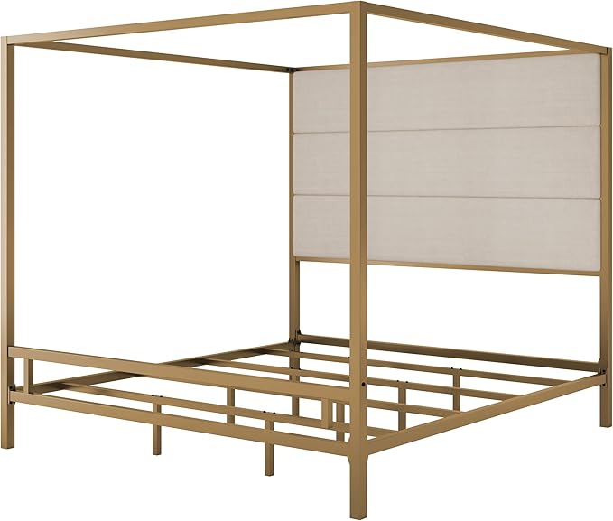 Merax King Size Modern Canopy Bed Frame, with Tall Linen Fabric Upholstered Headboard Metal 4-Poster, Box Spring Needed, Gold + Tan