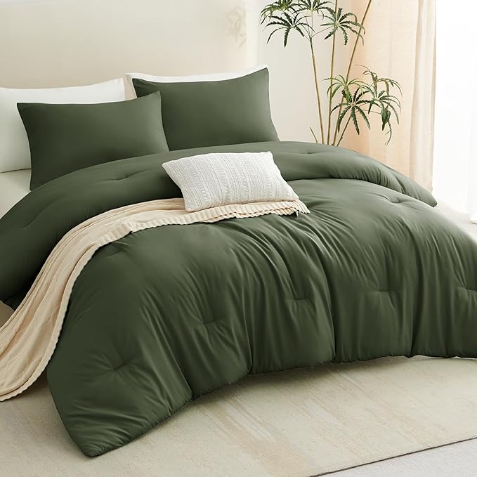 CozyLux Oversized King Comforter Set Olive Green, 3 Pieces 120x98 Solid Breathable Quilted Style Bedding Sets All Season, Luxury Soft Down Alternative Comforter Bed Set (1 Comforter & 2 Pillowcases)