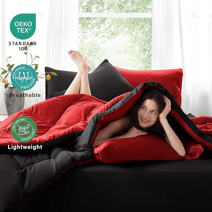 Anluoer Queen Comforter Set -7 Pieces Bed in a Bag Queen Size, Reversible Bed Set with 1 Comforter(88"*88"), 2 Pillow Shams, 2 Pillowcases, 1 Flat Sheet, 1 Fitted Sheet, Red & Black