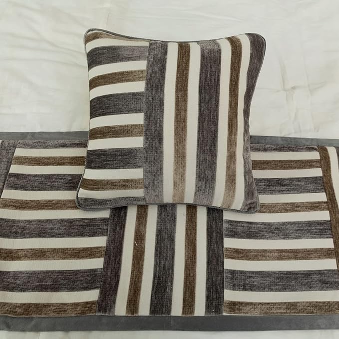 The HomeCentric King/Queen/Twin Beige & Grey Decorative CA King 86"x18" Bed Runner with Pillow Cover, Patchwork Bed Scarf on Velvet Fabric - Striation