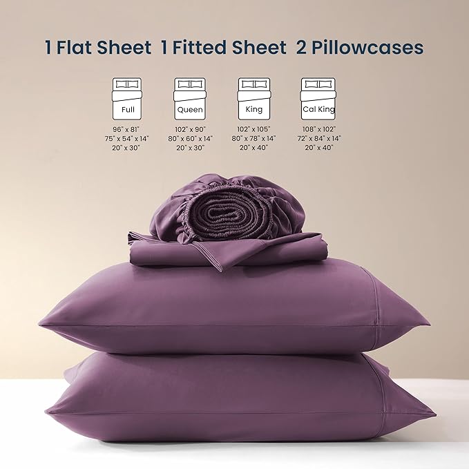 SLEEP ZONE Nanotex Super Soft Cooling Full Size Bed Sheets Set 4 Piece - Easy Care Fitted Flat Sheet & Pillowcase Sets - Wrinkle Free, Fade Resistant, Deep Pocket 16" (Purple, Full)