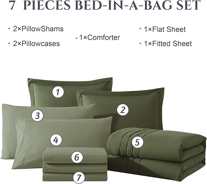 Monbix King Size Comforter Set - 7 Pieces Bed in a Bag King, Olive Green Bedding Sets with Comforter, All Seasons Comforter Bed Set with Sheets, Pillowcases & Shams