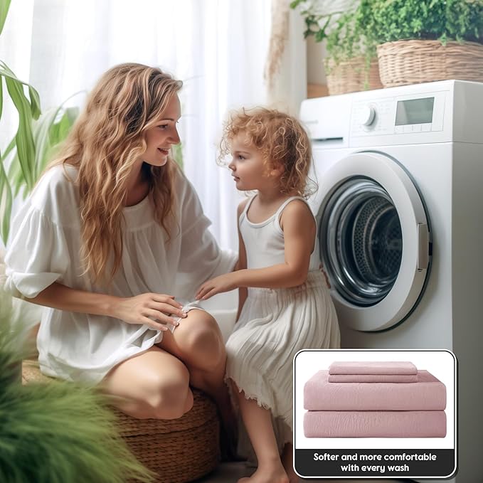 SONORO KATE 100% French Pure Linen Sheets, Breathable and Durable, Anti-Tear, Machine Washable, 16 Inch Deep Pocket - 4 Piece (Embroidery Purple, California King)
