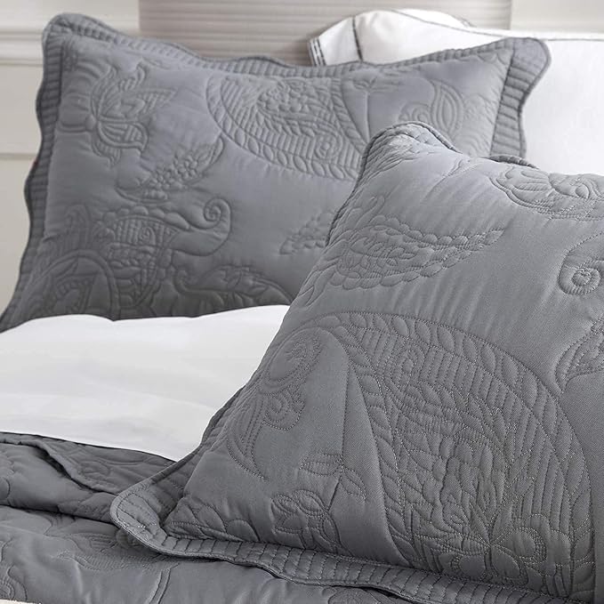 HZ & HY Oversized King Bedspread, Quilted Coverlet Bedding Set, Lightweight Thin Comforter, Reversible, Luxurious, 5 Piece, 100% Microfiber, Grey