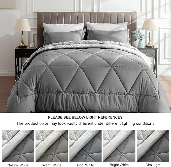 BEDELITE Full Comforter Set 7 Pieces Bed in A Bag - Soft Microfiber Reversible Grey Bed Set with Comforters, Sheets, Pillowcases & Shams, Cozy Luxury Bedding Sets for All Season
