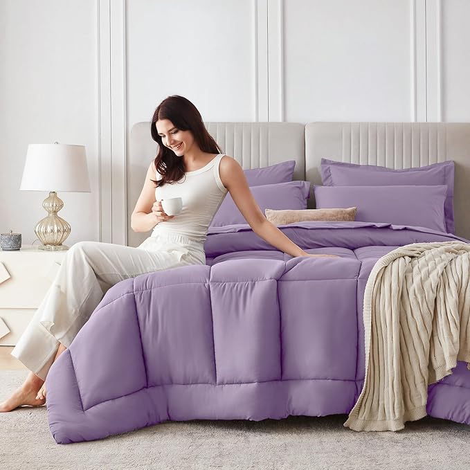 Sasttie King Size Comforter Set, 7 Pieces Bed in a Bag King, Complete Bedding Set Includes Comforter, Flat Sheet, Fitted Sheet, Pillowcases and Pillow Shams, Violet