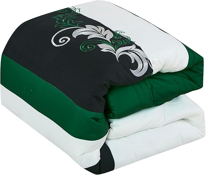 Chezmoi Collection Napa 7-Piece Luxury Leaves Scroll Embroidery Bedding Comforter Set (Full, Green/Black/Cream)