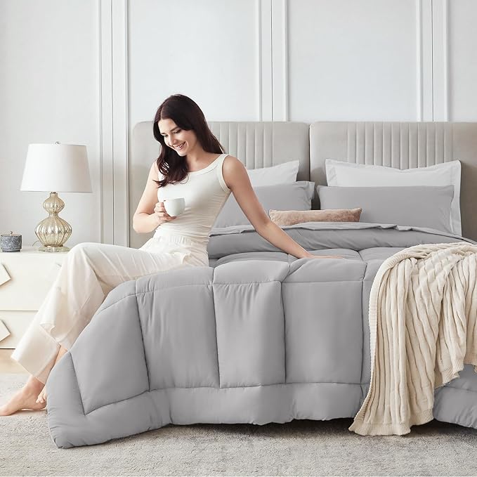 Sasttie Oversized Queen Comforter Set, 7 Pieces Reversible Bed in a Bag, Complete Bedding Set Includes 98''x98'' Comforter, Flat Sheet, Fitted Sheet, Pillowcases and Pillow Shams, Ivory & Light Grey