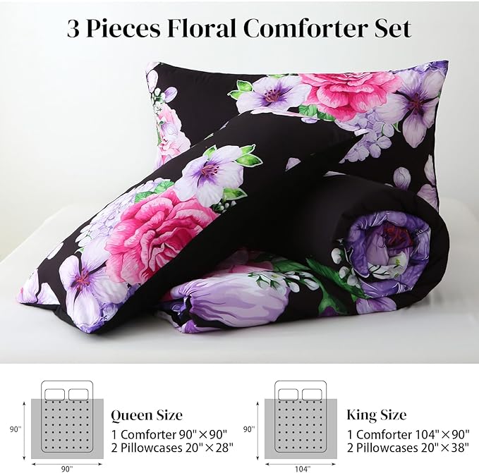 Floral Comforter Set Queen Size, 3 Pieces Elegant Black Floral Bed in a Bag, Soft Microfiber Botanical Flower Bedding Set with 2 Pillowcases for All Season 90"×90"