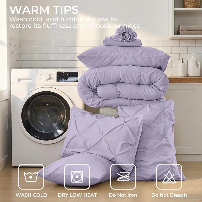Sasttie King Size Comforter Set, 7-Piece Bed in a Bag, Pintuck Bedding Sets for All Season, Includes Comforter, Flat Sheet, Fitted Sheet, Pillowcases and Pillowshams, Lavender