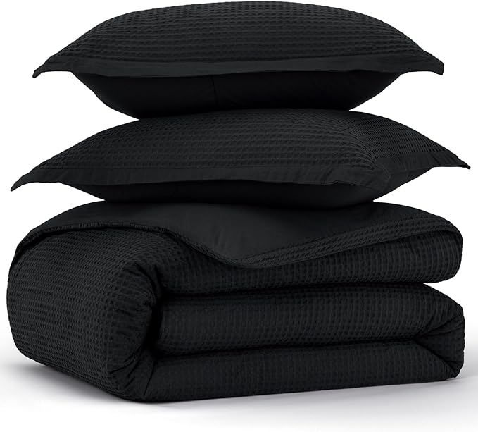 Bedsure Cotton Duvet Cover King - 100% Cotton Waffle Weave Black Duvet Cover King Size, GentleSoft™ and Breathable Bedding Set for All Season, 3 Pieces, 104"x90"