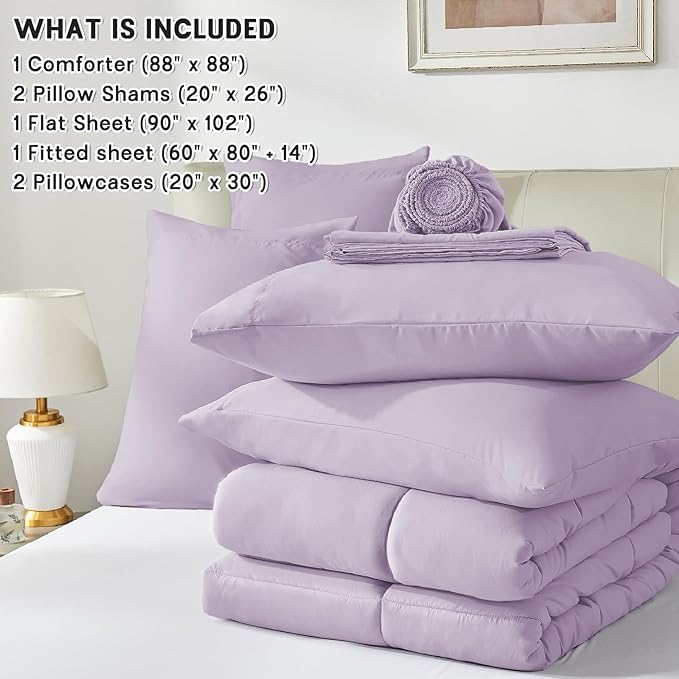 Anluoer Queen Comforter Set 7 Piece, Lavender Bed in a Bag with Sheets, Comforters Queen Size Bedding Sets with 1 Comforter, 2 Pillow Shams, 2 Pillowcases, 1 Flat Sheet,1 Fitted Sheet