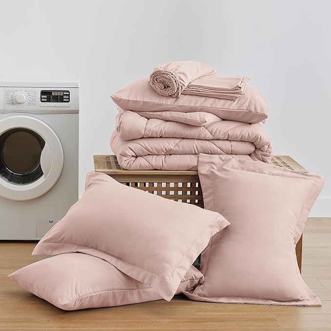 Love's cabin Full Comforter Set Pink, 7 Pieces Full Bed in a Bag, All Season Bedding Sets with 1 Comforter, 1 Flat Sheet, 1 Fitted Sheet, 2 Pillowcase and 2 Pillow Sham