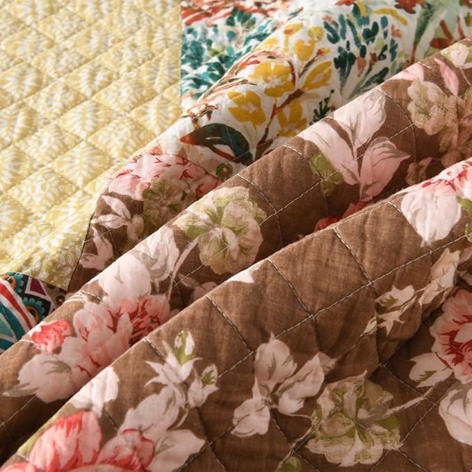 Autumn Dream Cotton Bedspread Quilt Sets Reversible Bedding Coverlet Sets, Luxury Vintage Floral Patchwork Yellow Bedspread, King Size | Breathable material, Reversible, Handmade patchwork, soft durable, Jacquard stitching