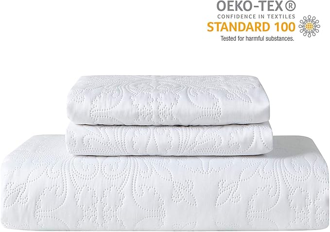 Hansleep White Quilt Queen Size - Baroque Ultrasonic All Season Bedspread Queen, Soft Lightweight Coverlet Bedding Set, 3 Piece (1 Quilt, 2 Pillow Shams)