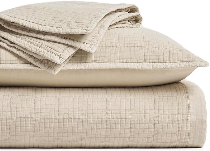 EVERGRACEHOME Stonewashed Cotton Quilt Set King Size, Ultra Soft Oversized Bedspread Coverlet Set, Lightweight Crinkle Box Stitch Bedding Sets for All Season, with 2 Shams, Flax Beige
