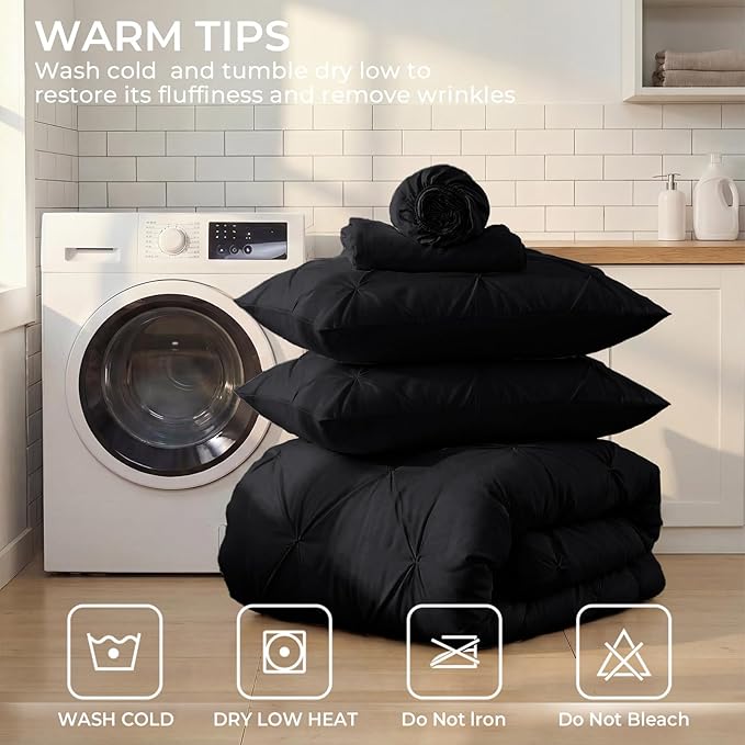 Sasttie Twin XL Comforter Set, 5-Piece Bed in a Bag, Pintuck Bedding Sets for All Season, Includes Comforter, Flat Sheet, Fitted Sheet, Pillowcase and Pillowsham, Black