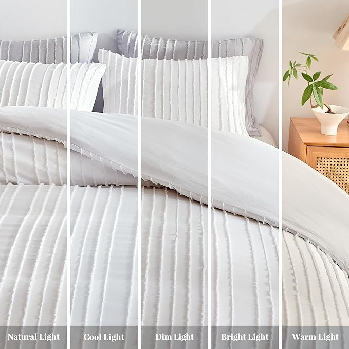 WARMDERN White Boho Duvet Cover Set King Size, Striped Textured Duvet Cover Tufted Bedding Set, 3 Pcs Ultra Soft Washed Microfiber Duvet Cover with Zipper Closure (King, White)