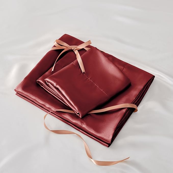 BEDELITE Satin Sheets Full Size Bed Set, Luxury Soft Burgundy Silky Sheet for Hair and Skin, Similar to Silk Bed Sheets Set 4 Pieces with 1 Deep Pocket Fitted Sheet, 1 Flat Sheet, and 2 Pillowcases