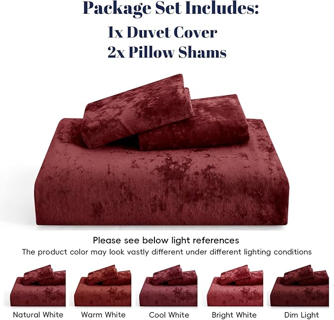 PHF Truly Velvet Duvet Cover Set Queen Size, 3pcs Ultra Soft Breathable Comforter Cover Set, Luxury Cozy Flannel Duvet Cover with Pillow Shams Bedding Collection, 90" x 90", Wine Red