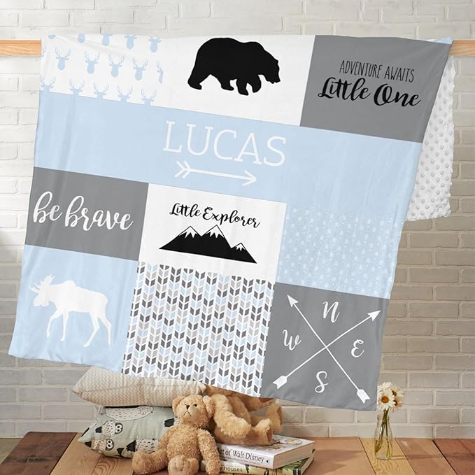 Personalized Baby Blanket Cute Animal Blanket for Boys - Soft Double Layer with Dotted Backing, Toddler to Newborn, Shower Gifts, Light Blue (35 X 45 inches)