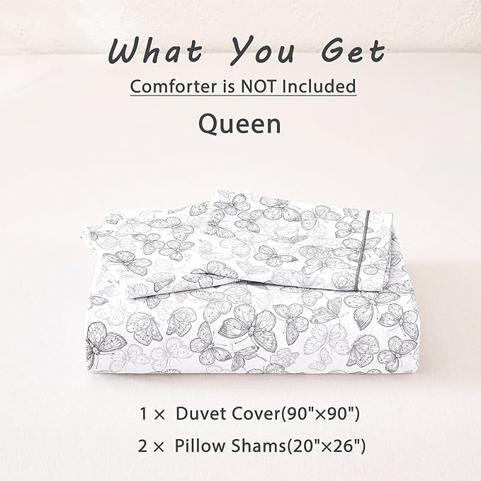Vintage 100% Natural Cotton Duvet Cover Sets 3Pcs - Elegant Charcoal Gray Sketch Butterflies on White, Artistic Bedding Set with Button Closure(Queen,90"×90"