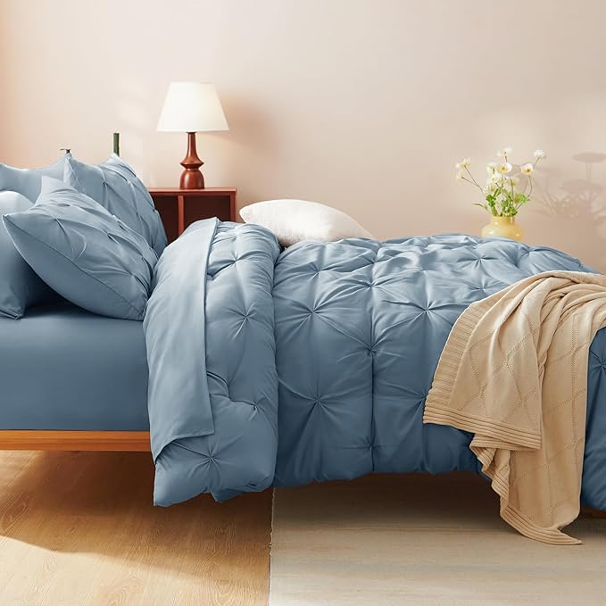 CozyLux California King Comforter Set Mineral Blue, 7 Pieces Cal King Pintuck Bed in A Bag, Pinch Pleat Bedding Sets with All Season Comforter, Flat Sheet, Fitted Sheet, Pillowcases & Shams