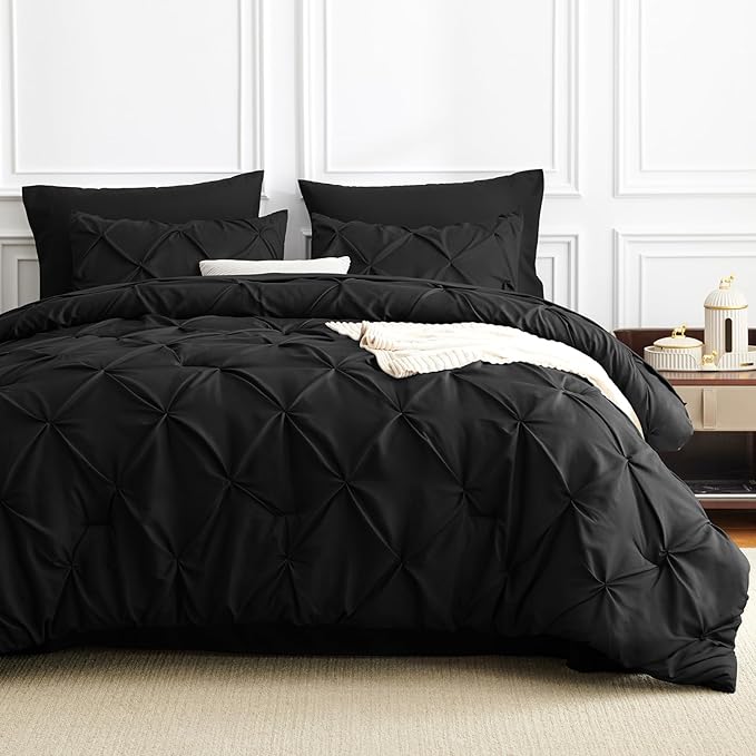 Oversized King Comforter Set Black, 7 Pieces Pintuck Bed in A Bag Oversized King Size Bedding, Soft Bed Set All Season Pinch Pleat Comforter Set with Sheets, Pillowcases & Shams