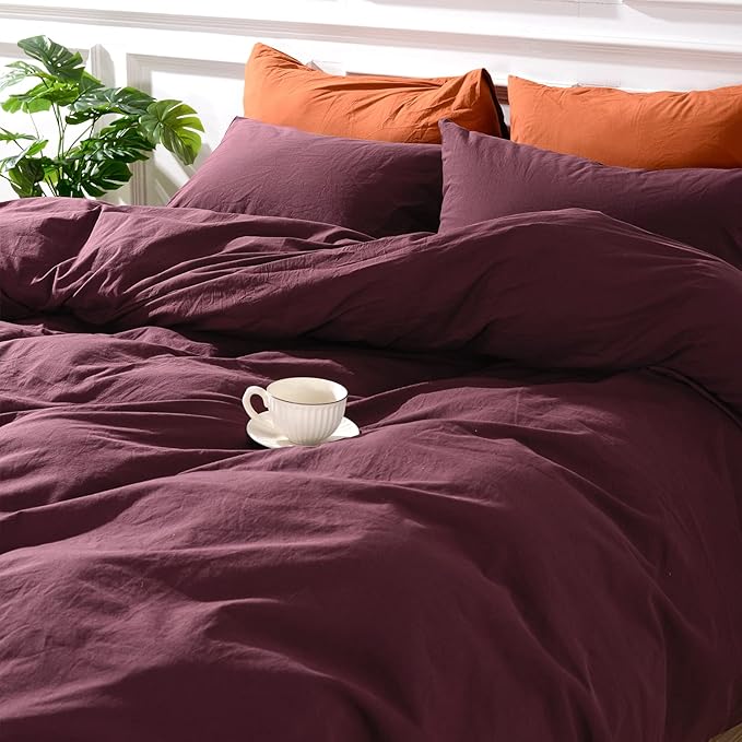 NEXHOME PRO Duvet Cover Set 100% Washed Cotton Kids Twin XL 66"x92", Organic Natural Linen Like Textured 2 Pieces Bedding Set Burgundy Dark Red with Zipper Closure, Breathable (No Comforter)