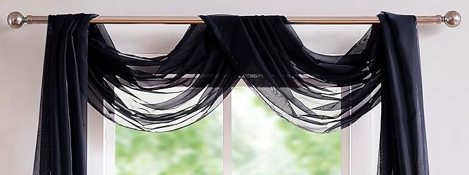 Long Length 56" (W) x 216" (L) Black Sheer Window Scarf. Voile Window Treatments are Perfect As Valance Scarves, Canopy Bed Scarf Or Wedding Decoration. AMA 56" x 216" Black