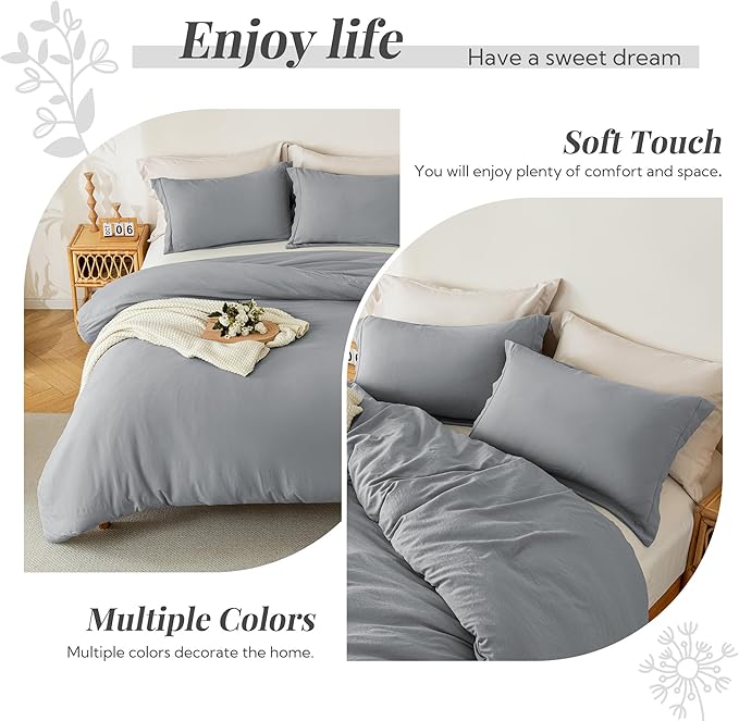 MILDLY Super Soft Duvet Cover - 100% Washed Microfiber Light Grey Comforter Cover Set 3 Pieces with Zipper Closure & Corner Ties (No Comforter)