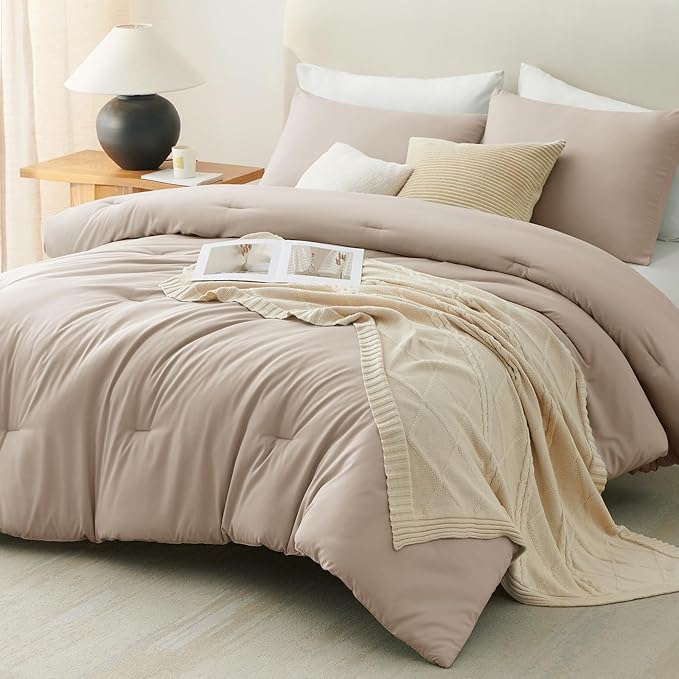 CozyLux Full Size Comforter Set Wheat, 3 Pieces Solid Breathable Quilted Style Bedding Sets, Luxury Fluffy Soft Bed Set with Down Alternative Comforter for All Season (1 Comforter & 2 Pillowcases)