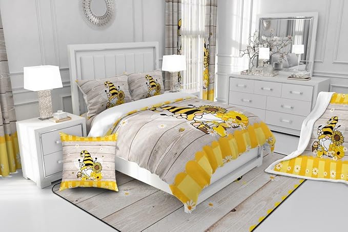Erosebridal Bee Gnome Comforter Set Twin, Sunflower Daisy Floral Bedding Set for Kids Boys Girls, Honeycomb Honey Can Duvet Set Home Room Decor, Yellow Farm Cartoon Soft Down Comforter 2 Pcs